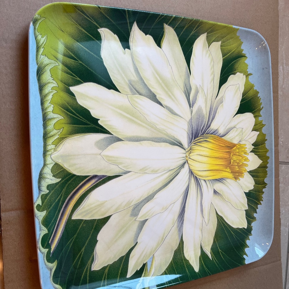 John Derian Melamine Square Serving Tray Plate Lotus Flower